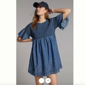 Anthropologie Luz Chambray Mini Dress Denim blue Smocked Short Sleeve medium